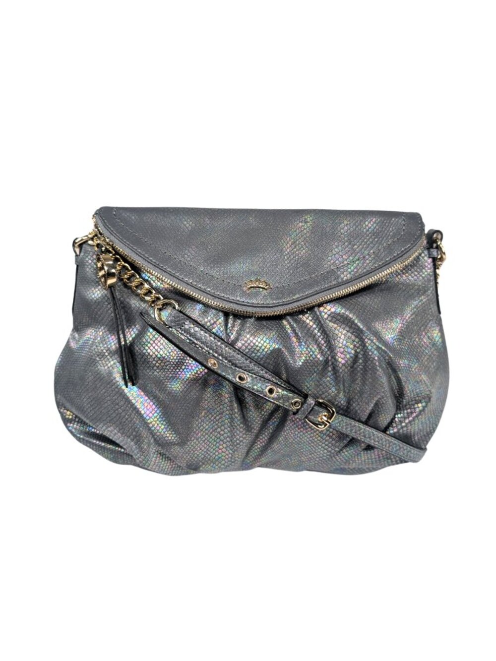 Juicy Couture Silver Iridescent Faux Snakeskin Flap Crossbody Shoulder Bag
